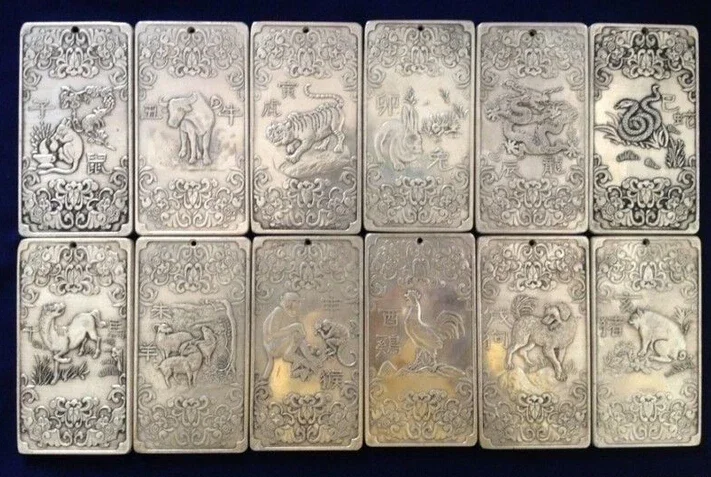 

Free shipping Metal Crafts 12Pcs Old Chinese Twelve Zodiac Miao Silver Bullion thangka statue amulet