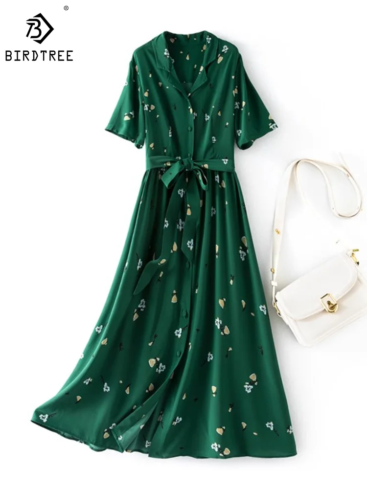

Birdtree 100%Natural Silk Women Dresses Notched Collar High Waist Short Sleeve Floral Dress 2023 Summer New Suit Skirt D37915QM