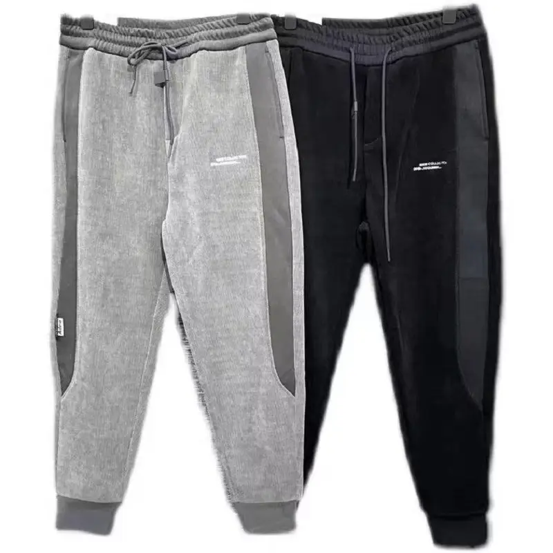 Spring New Corduroy Loose Casual Pants Men's Solid Patchwork Embroidery Letter Elastic Waist Drawstring Pocket Straight Trousers
