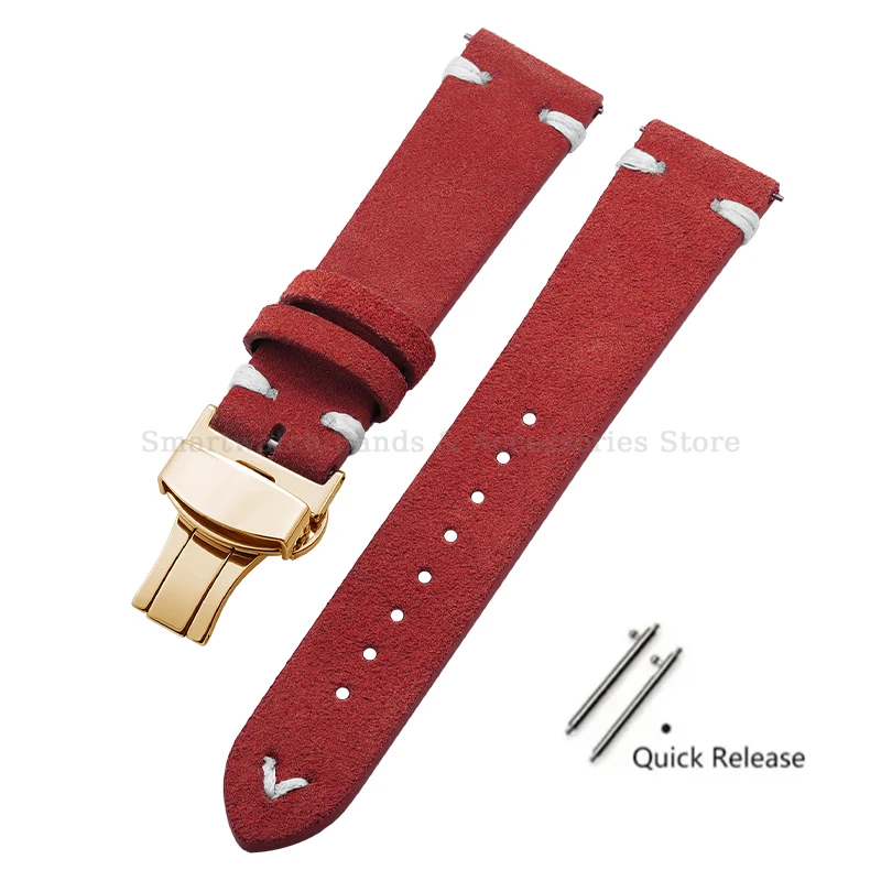 Vintage Handmade Suede Stitch Leather Watch Strap with Quick Release and Folding Clasp