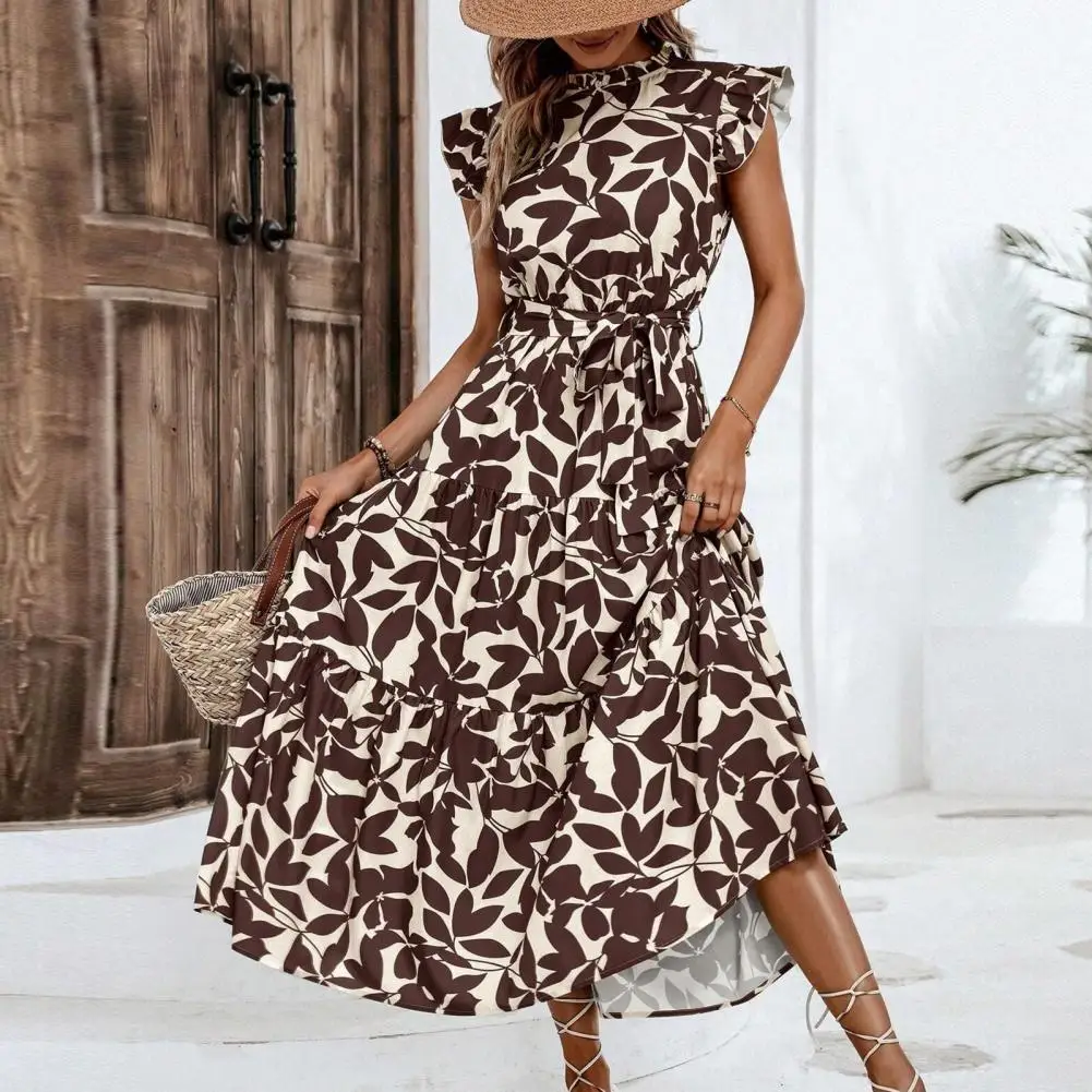 

Summer Dress Elegant Leaf Print Midi Dress with Shirring Sleeves Lace-up Waist Stand Collar A-line Prom Party Dress for Women