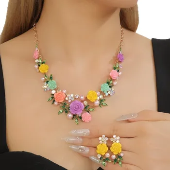 1 Set Multicolor Flowers Crystal Jewelry Set Enamel Pearl Necklace Earrings Set Exquisite Luxury Bridal Jewelry Set Banquet 1