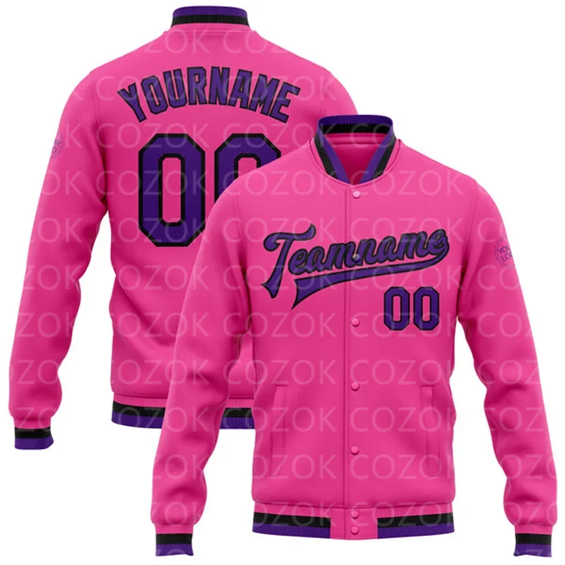 Custom Pink Green Color 3D Printed Baseball Button Jacket Bomber Full-Snap Varsity Letterman Jacket