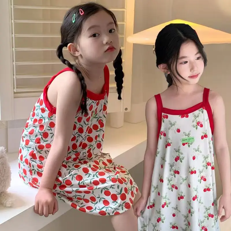 

Kids Girls 100% Cotton Nightgown Cartoon Nightdress Girl Sleepwear Nightie Summer Sleeveless Cat Nightwear Children Clothes