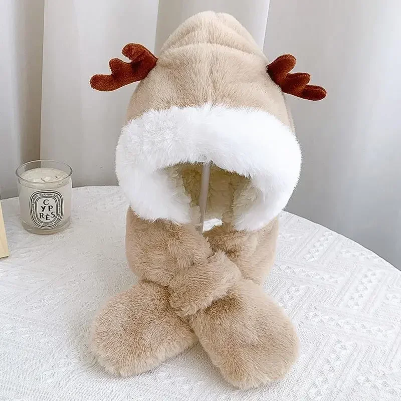 남녀공용 겨울 어린이 모자, 두꺼운 스카프, 따뜻한  귀여운 뿔, 방풍 귀 보호 캡