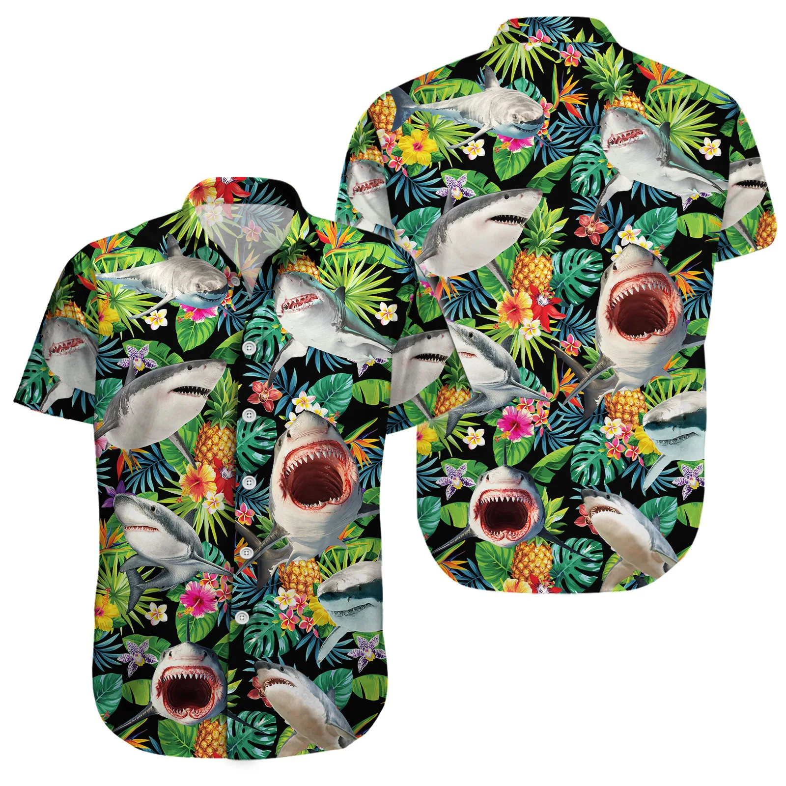 

Funny Shark Pineapple Tropical Hawaiian Palm Trees Shirt, Casual Button Down Short Sleeve Shirt, Holiday Party Outfits