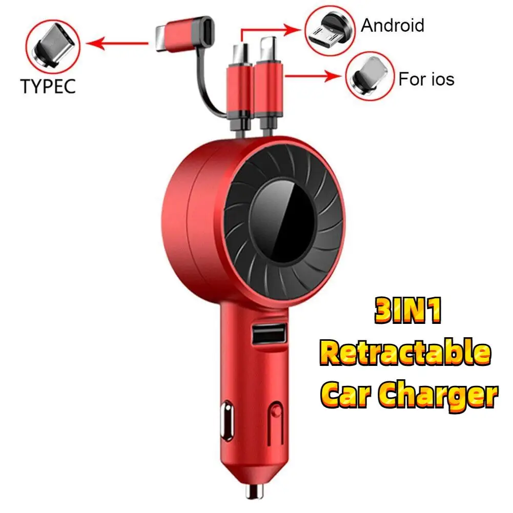 

3 In 1 Retractable Car Charger USB Cable Fast Charging Adapter USB Type C Car Quick Charger Micro USB For Samsung IPhone