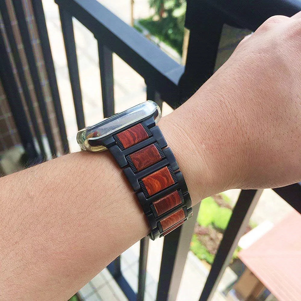 Wooden Red Sandalwood Strap for Apple Watch Ultra 8 7 49mm 45mm 41mm Stainless Steel Link Bracelet iWatch 6 5 4 SE 44mm 40mm