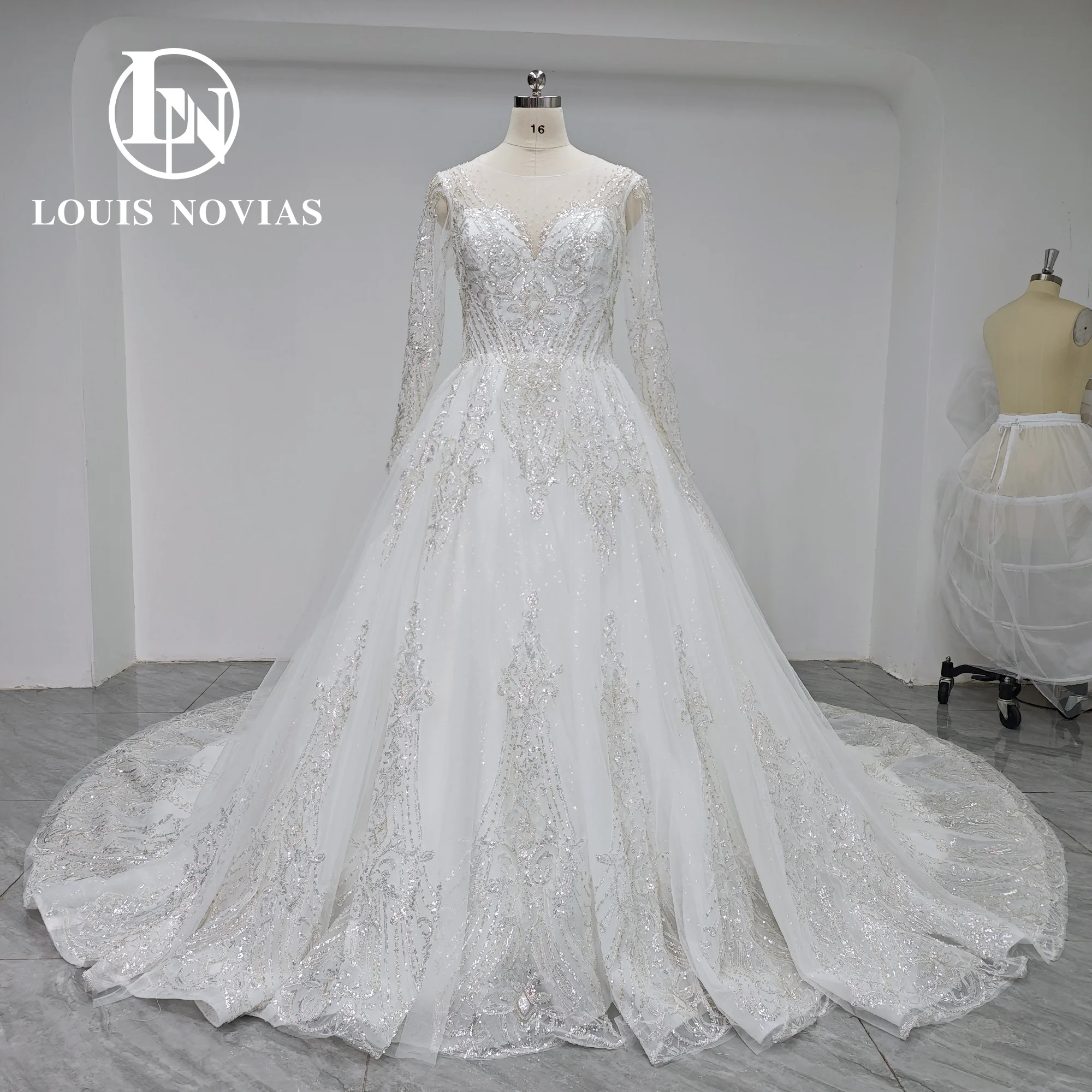 

LOUIS NOVIAS Ball Gown Wedding Dress Real photos 2024 Long Sleeve Embroidery Semi-Transparent Wedding Gown Vestidos De Novia