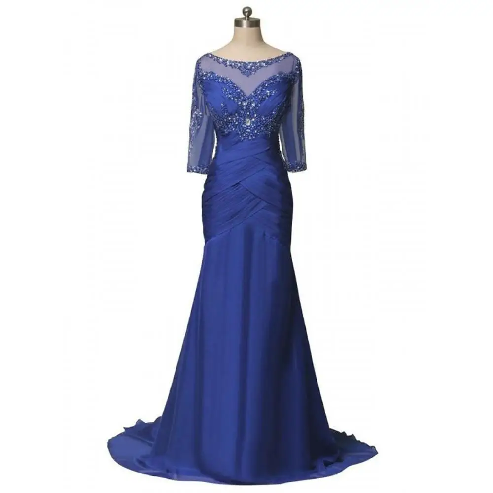

Modern Half Sleeves Blue Chiffon VestiDos De Fiesta De Madrinas Sheath Illusion Beading Criss-Cross Suit Mother Bride Dresses