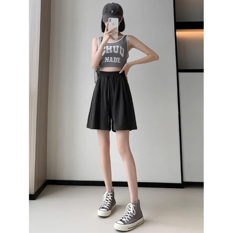 Large Size Ice Silk Drape Shorts for Girls Summer Thin Elastic Waist Loose Straight Straight Cool Five-point Pants Casual Pants