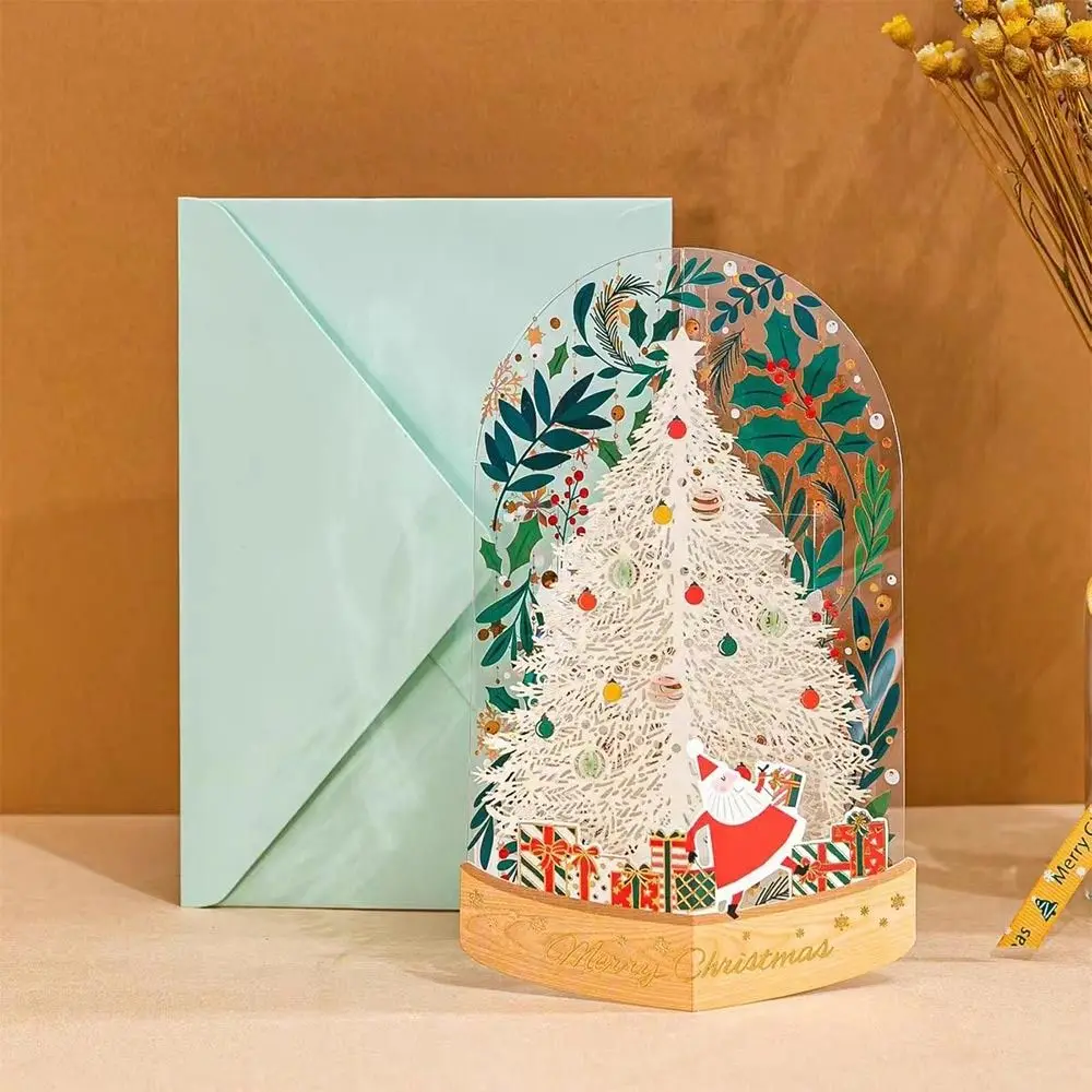 Paper Christmas 3D Greeting Card Gold Plated Craft Merry Christmas Blessing Cards Pop Up Ornaments Paper Carving Postcard Gift