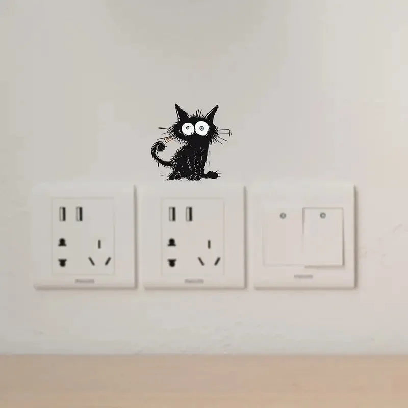 Contemporary Style Black Cat Wall Sticker, Animal Print Self-Adhesive Switch Decal for Living Room Bedroom