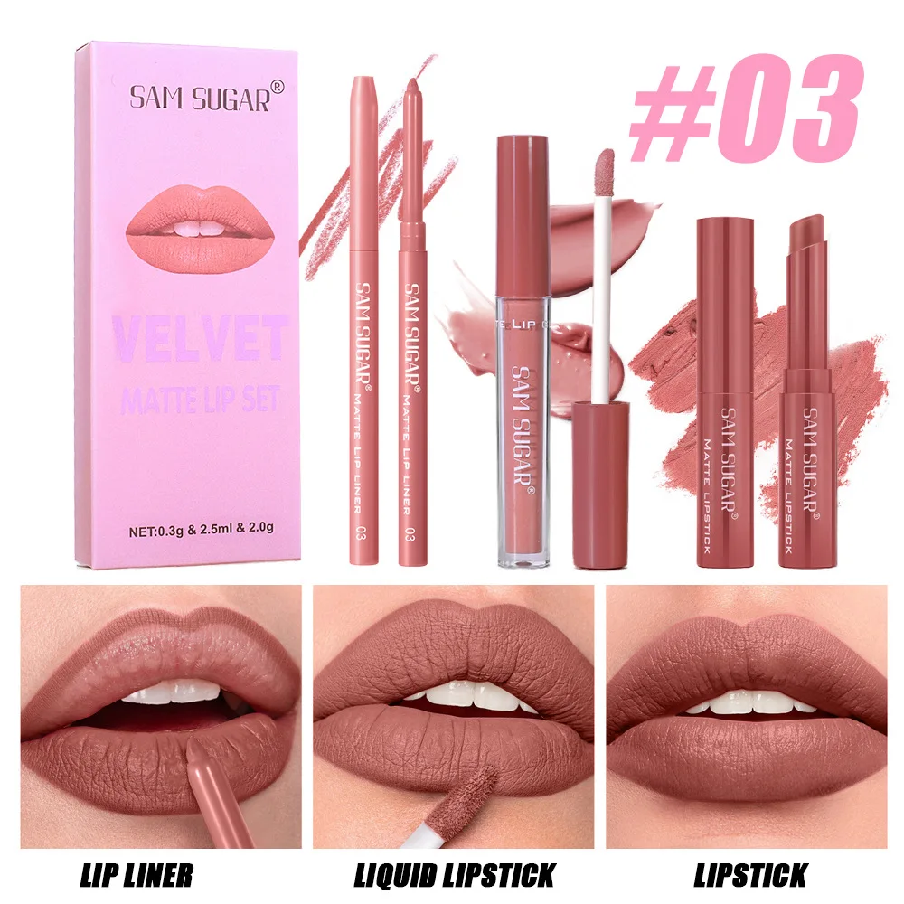 3 pcs/set Velvet Matte Lipstick Lip Gloss Lip Liner Combo Set Matte Long Lasting Easy Color Non-Stick Lipstick Set 5