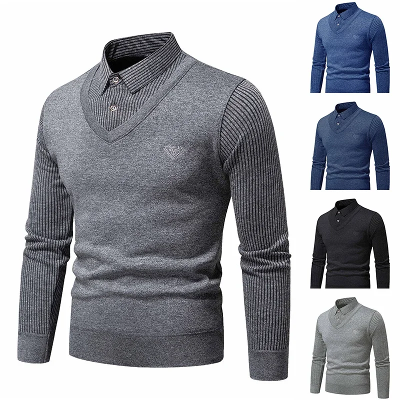 

Autumn Winter New Men Fake Two Piece Sweater with Fleece Slim Fit Polo Collar Thickened Warm Knitted Bottom Shirt