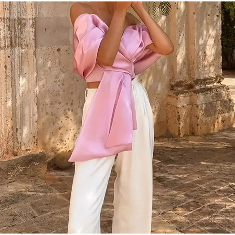 Pink Satin Off-Shoulder Top: Backless, Pleated