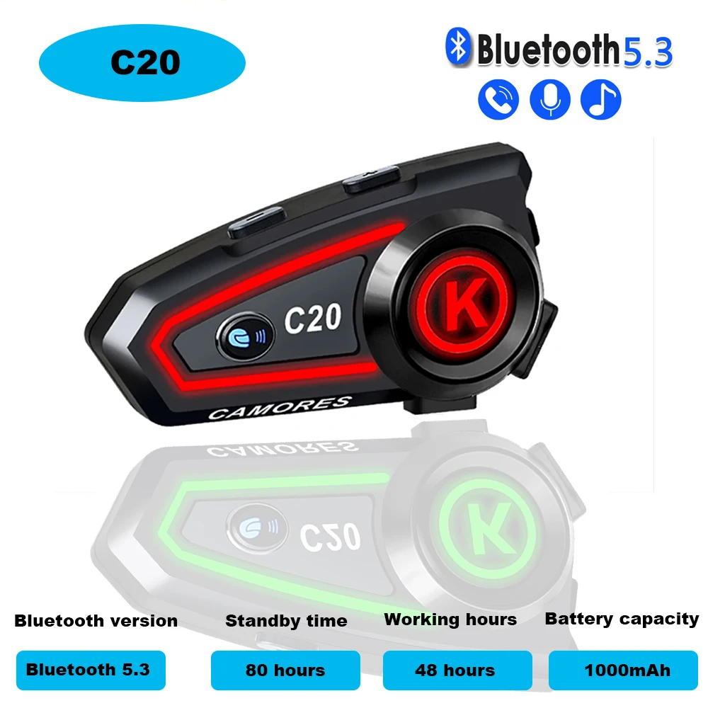 

C20 Motorcycle Wireless Helmet Headset Stereo Bluetooth Hands Free Call IPX6 Waterproof 1000mAh with Tri-Color Ambient Light