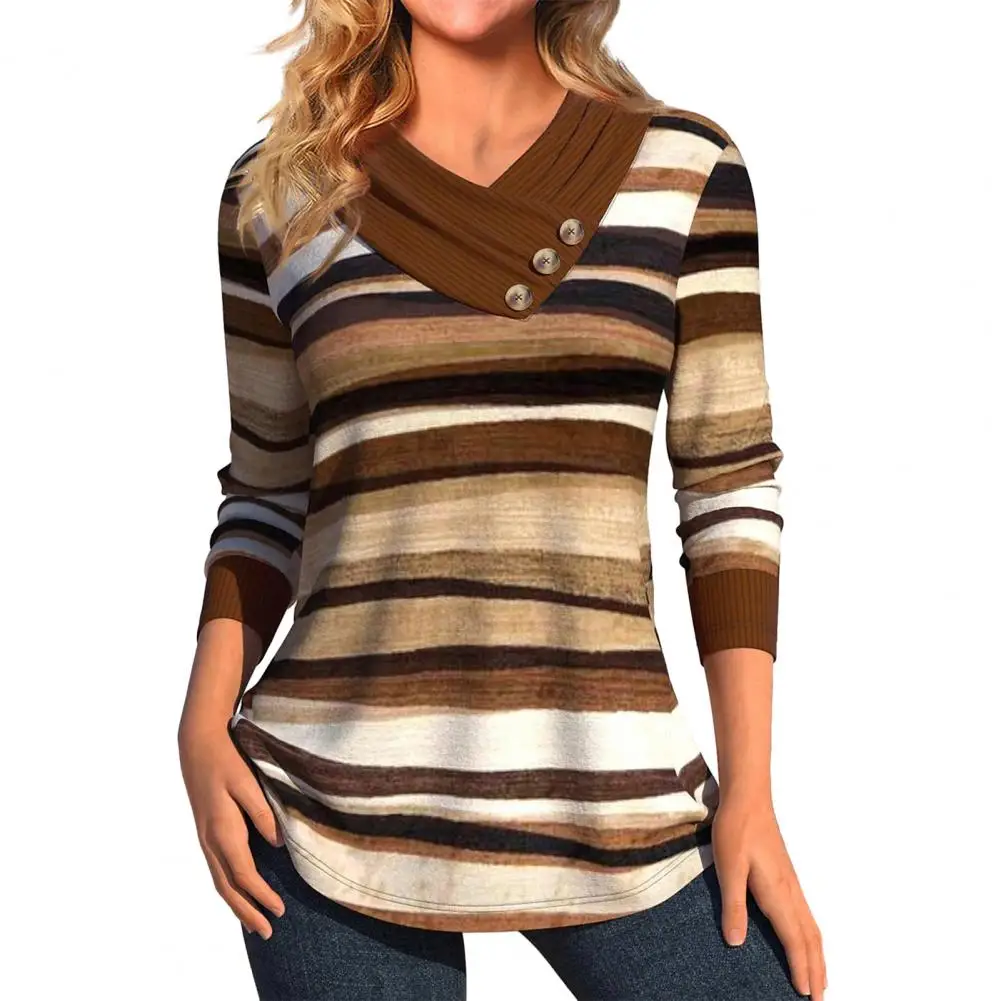 

Women Top Stretchy Soft Women Top Digital Print Contrast Color Long Sleeves Women's Spring T-shirt with Oblique V Neck Button