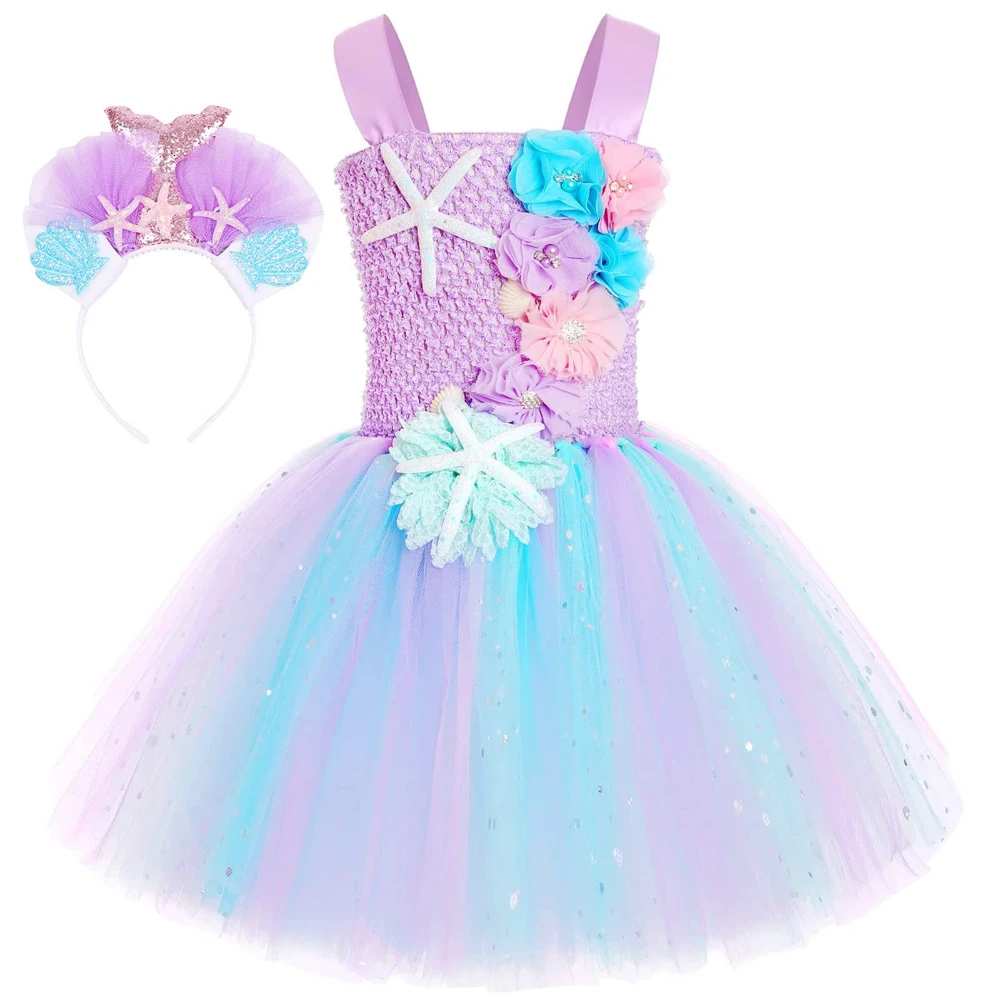 

Блестящие платья принцессы с цветами и юбкой-годе для маленьких девочек, наряд морской горничной для дня рождения, детский костюм на Хэллоуин, юбка-пачка с морской юбкой
