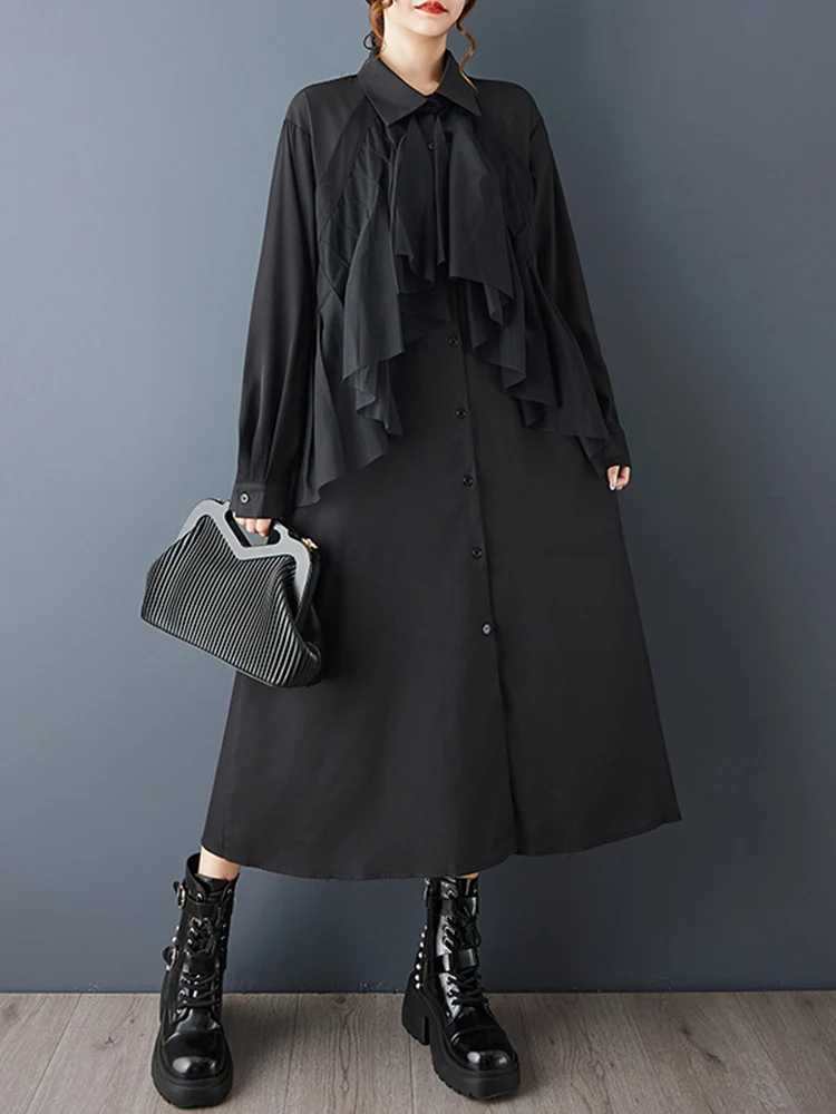 Oversized Patchwork Mesh Shirt Dresses For Women Spring Autumn New Long Sleeve Loose Casual Vintage Dress Elegant Clothing 2025