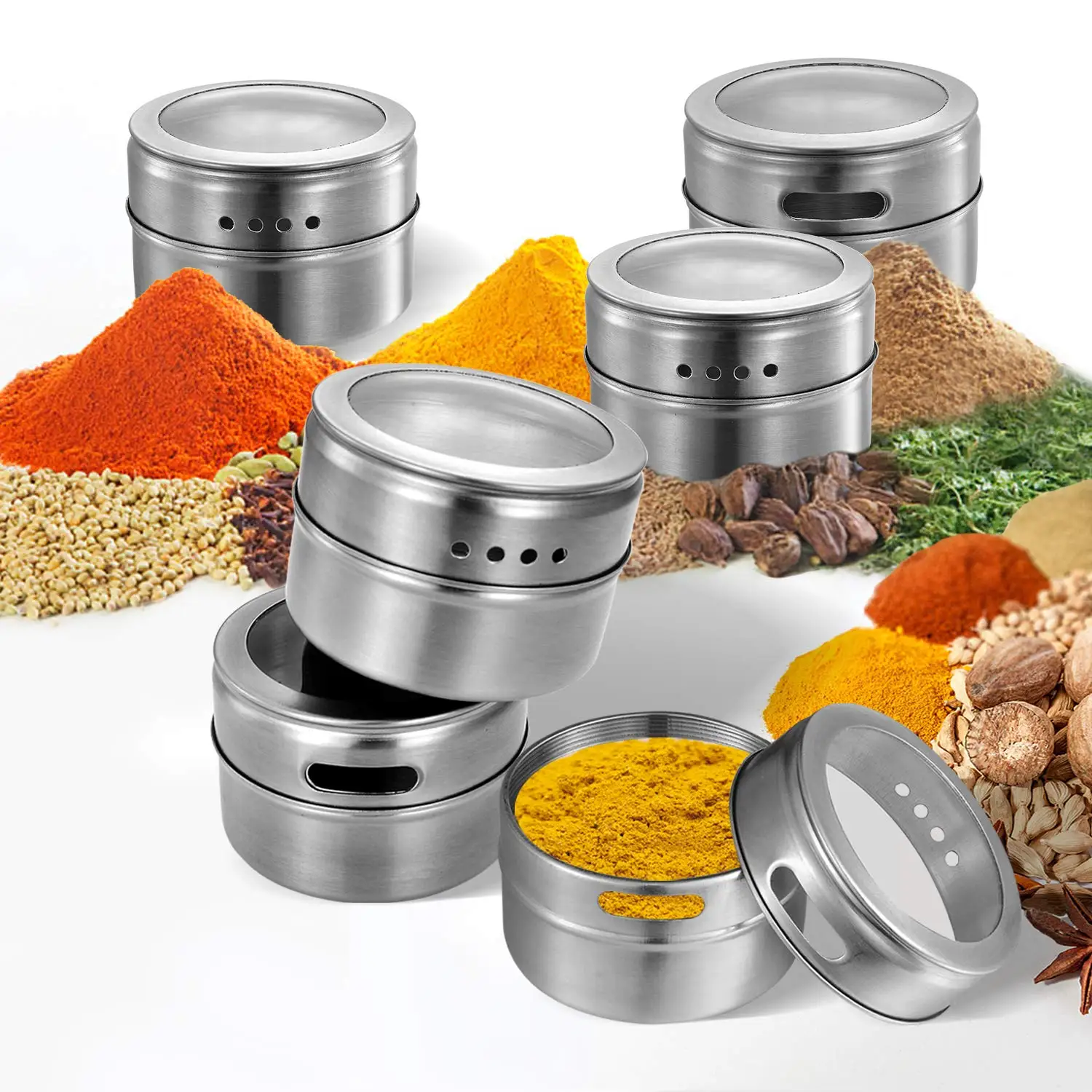 Magnetic Spice with Wall Mounted Stainless Steel Tins with Lid and Small Holes for Sprinkle Rust Free Easy to Clean