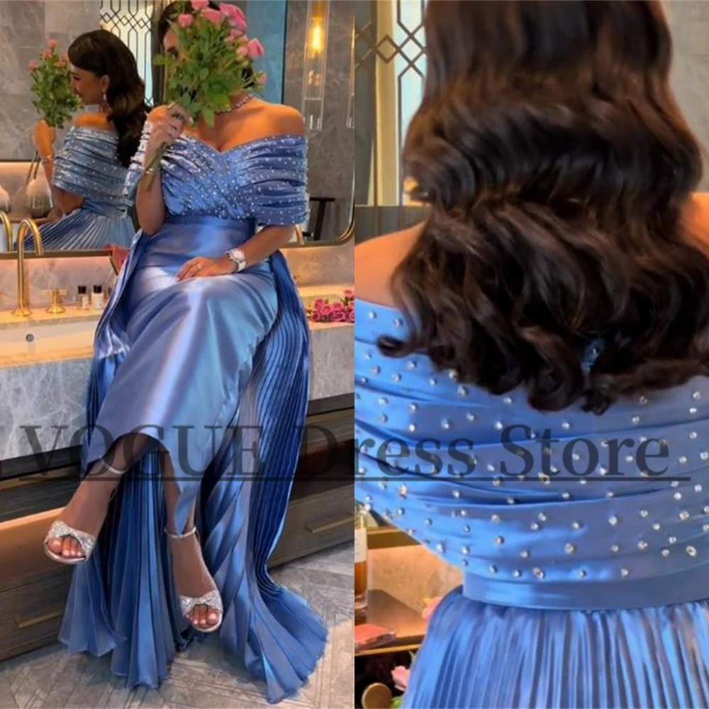 

VD Simple Long Blue Satin Prom Dresses for Musilm Floor Length Off Shoudler Saudi Evening Dress with Sequins Pearls vestidos