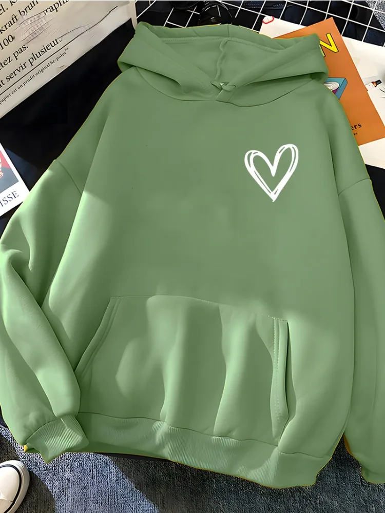

Simplic Heart Print Women Sweatshirt Soft Casual Loose Vintage Female Hoodies Winter Warm Fleece Student Tops