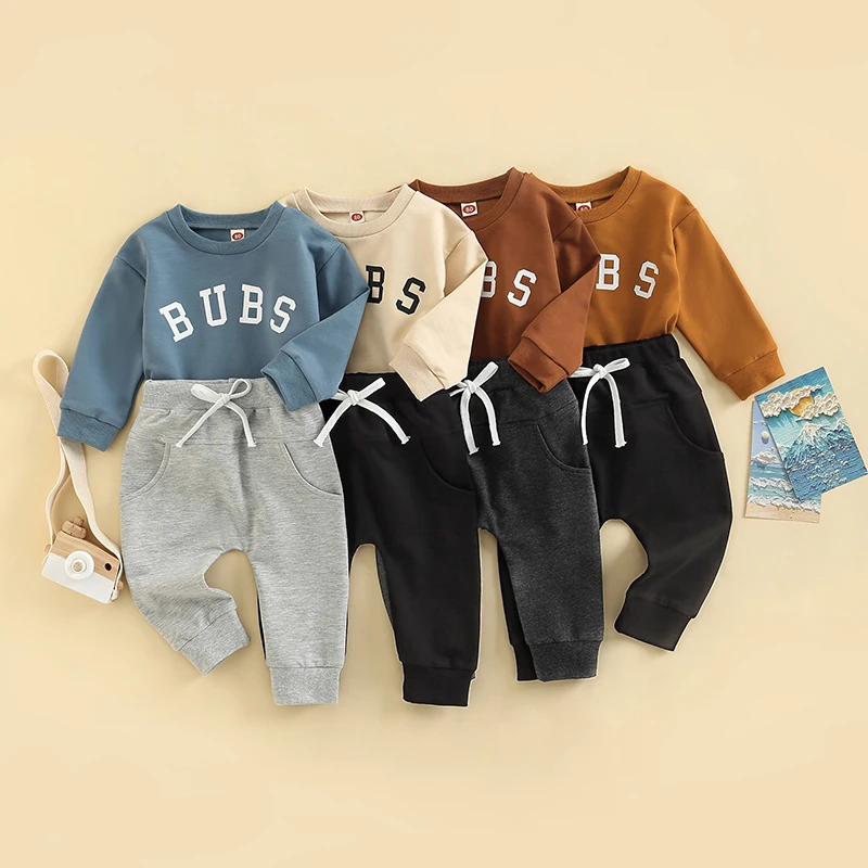 FOCUSNORM 4 Colors Autumn Causal Baby Boys Clothes Sets 2pcs Letter Printed Long Sleeve Sweatshirt Tops+Solid Shorts 0-3Y