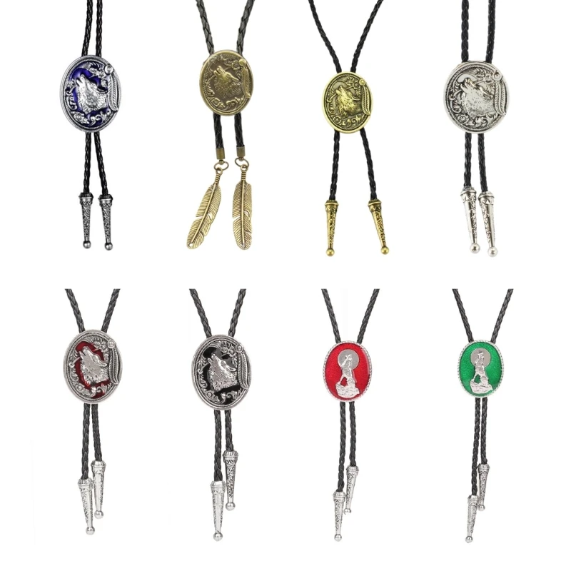 

Elegant Black Bolo Tie with Wolf Pendant Cowboy Necktie Western Tie