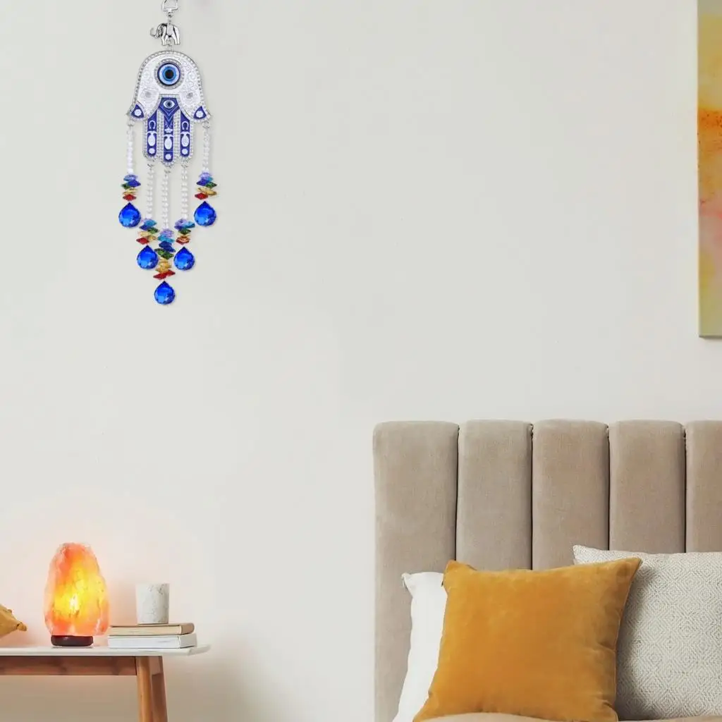 Hamsa Hand Evil Eye Hanging Ornament With Colorful Crystal Glass Prism Beads Suncatcher For Home Office Decoration