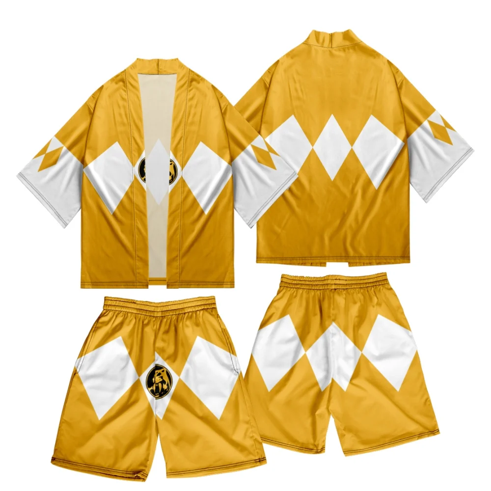Novelty Two-piece Suit Japanese Cardigan Men Cosplay Mighty Morphin Print Yukata Kimono Shorts Sets Patchwork Asian Traditional