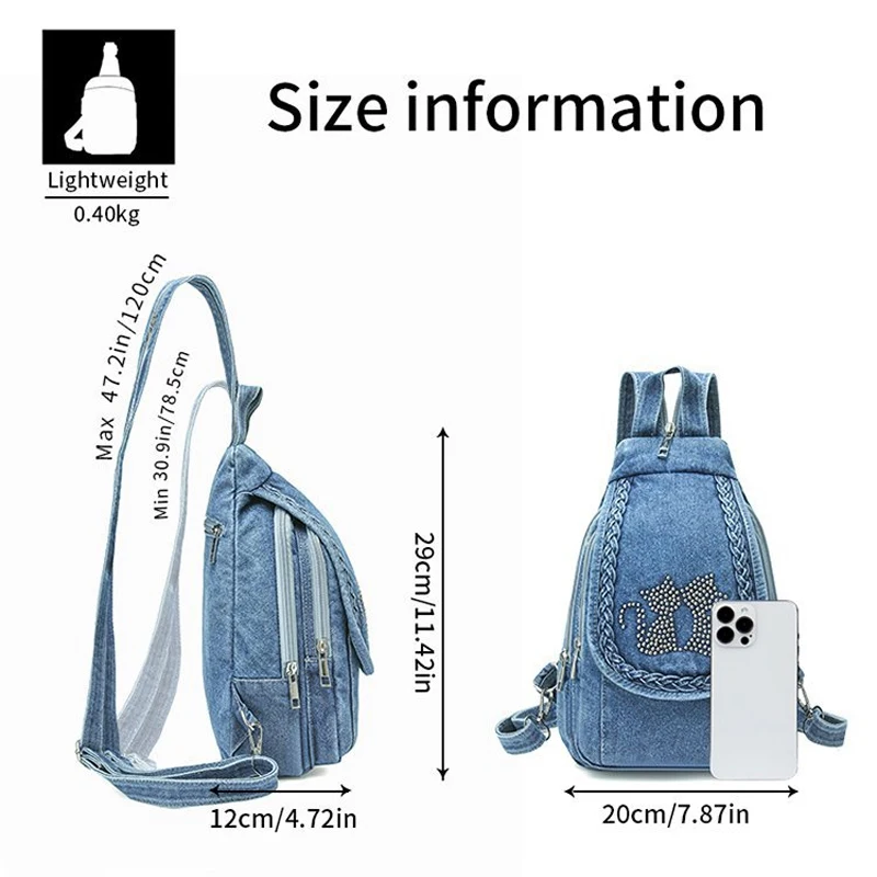Zaini in Denim alla Moda per Donne, Piccola Borsa da Viaggio, Zainetto Femminile in Denim, Borse a Tracolla per Signore - immagine 6