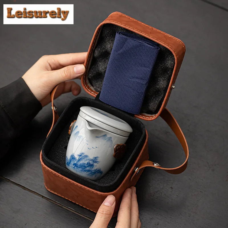 Retro Hand-painted Persimmon Travel Tea Set Kit Vintage 1 Pot 2 Cups Tea Maker Organizer Portable Outdoor Tote Bag Decoration