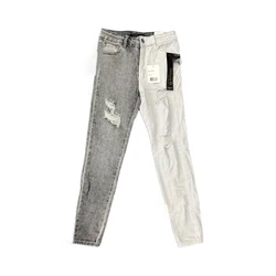 Jeans women's stitching ripped slim high stretch trousers street trend gray white contrast washed pants women