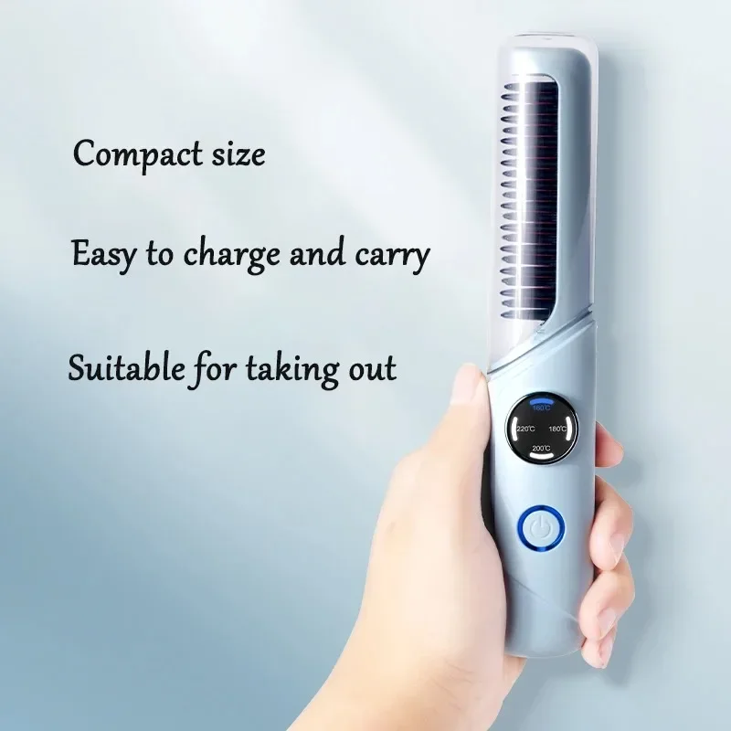 Hair Straightener Brush USB Rechargeable Cordless Negative Ions Hot Brush Electric Fluffy Curly Hair Styling Detangling Comb