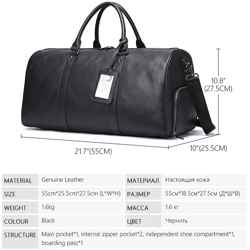 Genuine Leather Travel Bag Men Women Big Capacity Soft Casual Black Travel Duffel Carry Hand Luggage bags Shoulder Bag
