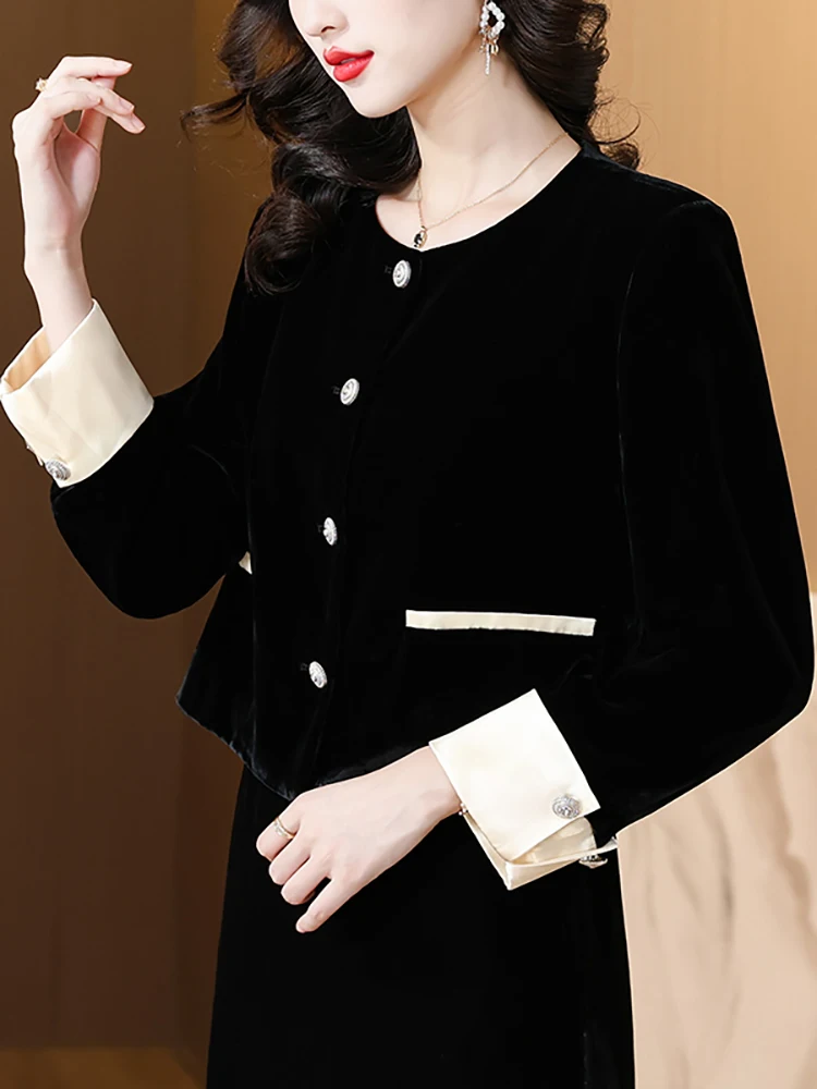 

Autumn Winter Black Velvet Single Breasted Jackets Women Long Sleeve Patchwork Chic Shorts Coats 2024 Korean Vintage Casual Coat