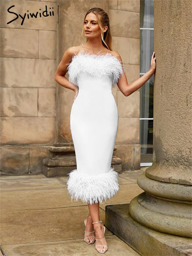Syiwidii Elegant Summer Dress Feathers Strapless Off Shoulder Solid