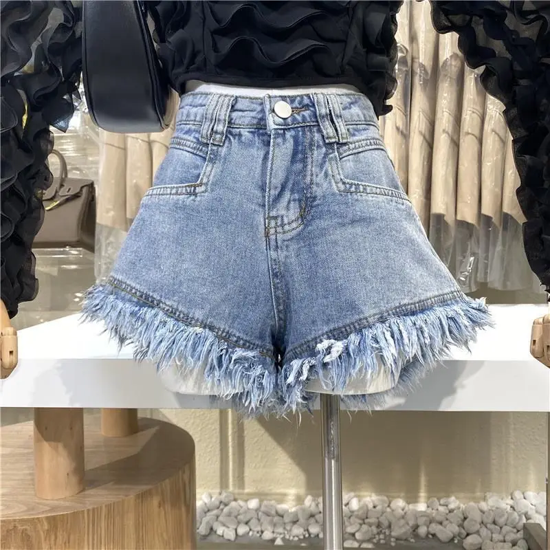 Ripped Tassel Edge Pink Denim Shorts Woman 2022 Summer New High Waist Wide Leg Slimming Fashion All-Match Jeans Hot Pants levis 501