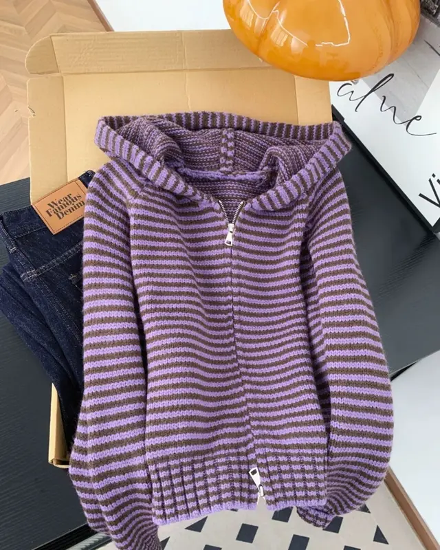 Japanese Y2K Harajuku Hot Girl Retro Contrast Striped Knitted hoodie Autumn/Winter Women Loose Casual Zipper Sweater emo - Image 8