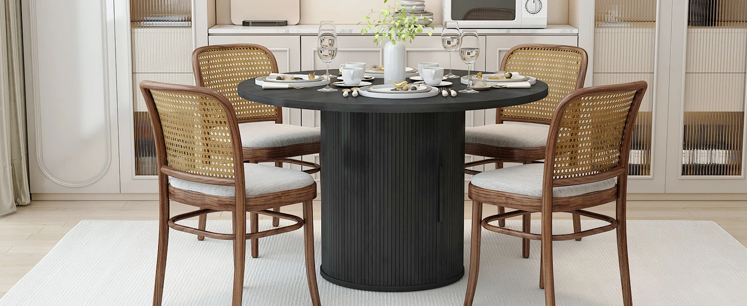 Description Picture 3 of item47 inch Round Dining Table for 4, Kitchen Table Dinner Table with 2-Layer Storage Shelf and Wood Slide Door for Home Dining
