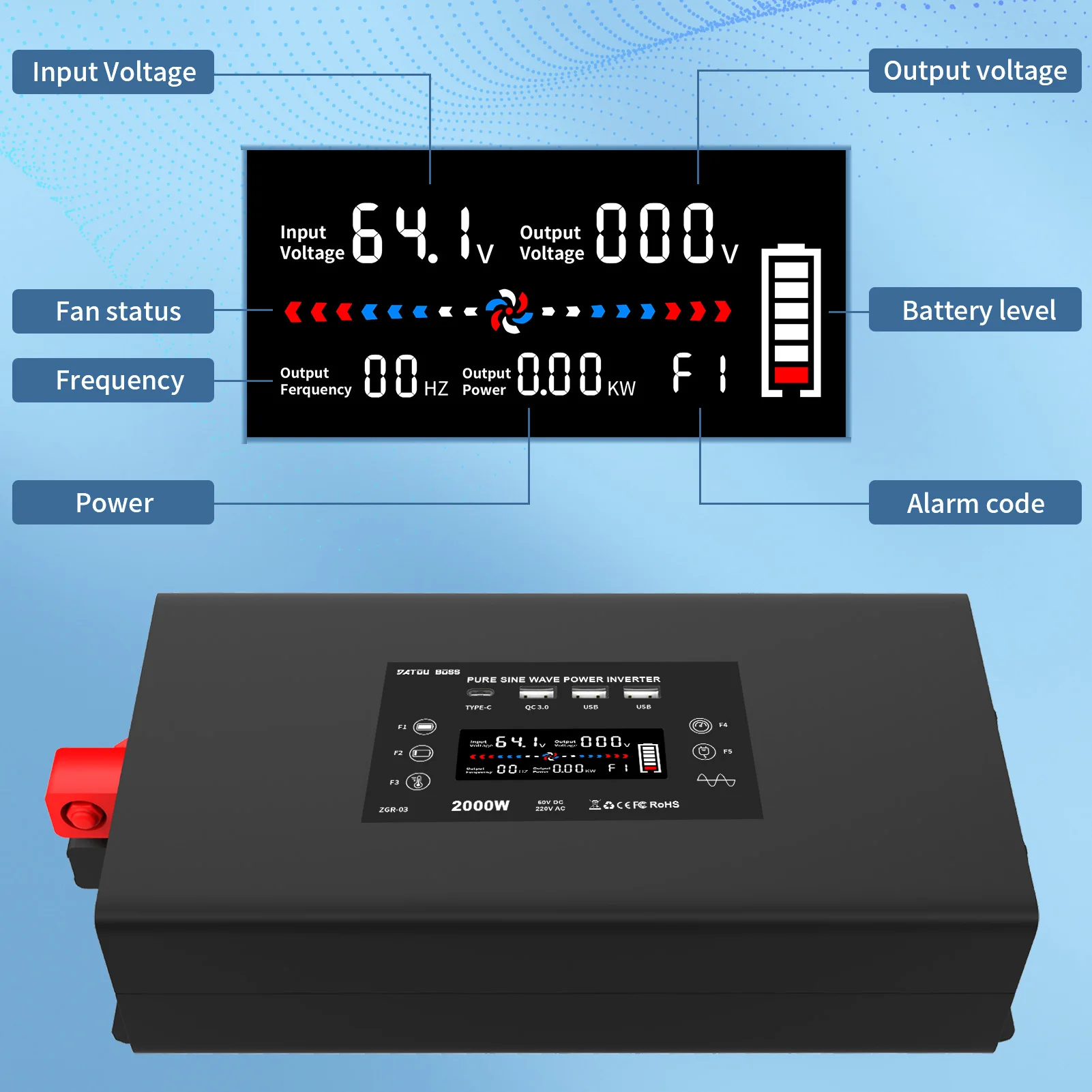 DATOUBOSS Pure Sine Wave Inverter Voltage Converter 4000W DC 12V 24V 36V  48V 60V to AC 220V Inverter Continuous Power 2000W