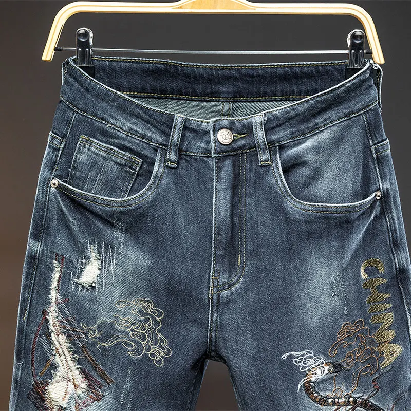 2024 Handsome Embroidered Street Jeans Men's Fashion Scratch Design Trend Retro High-End Men's Tight Trousers