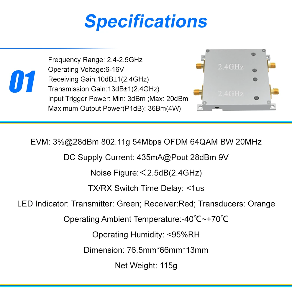Boîtier métallique de l'amplificateur de signal WiFi double bande 2.4GHz 5.8GHz 36dBm 4W pour drone avec dissipateur thermique