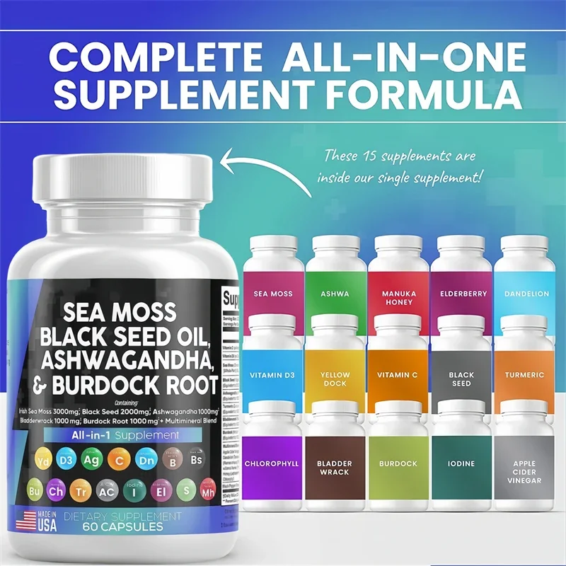 Natural Ashwagandha & Sea Moss Capsules for Men Increase Energy & Endurance Permanently with Burdock Root Vitamins Minerals