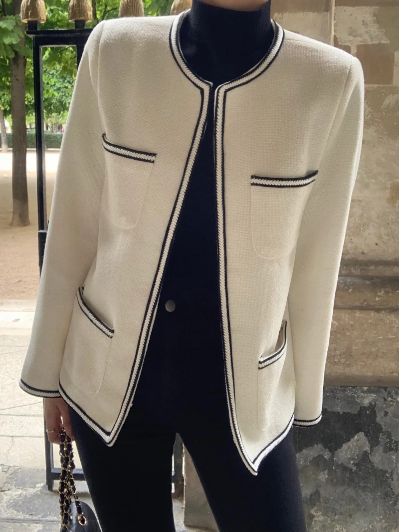 2024 Autumn Office Lady Brief Jacket O-neck Single-breasted Long Sleeve Suits Blazers for Female Elegant Woolen Coat with Pocket