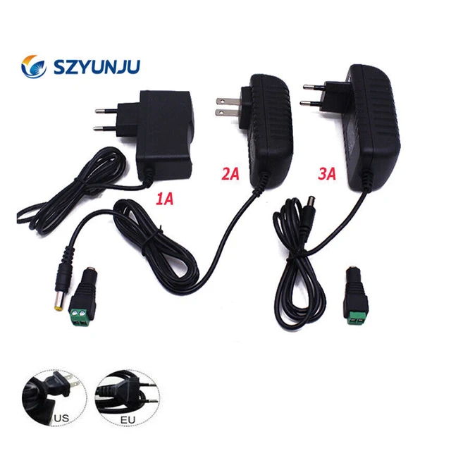 EU US Plug AC 100-240V To DC 12V 1A 2A 3A 12W 24W 36W Power Supply