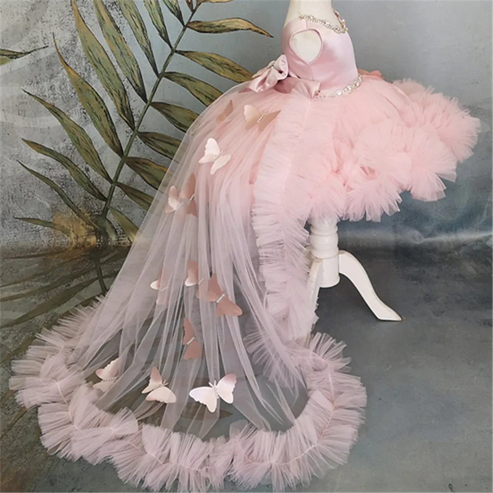 Puffy Girl Dress Pink Baby Dress with Train Flower Girl Bow Cute Kid's Child Birthday Dresses Frist Communion flower girl dresses
