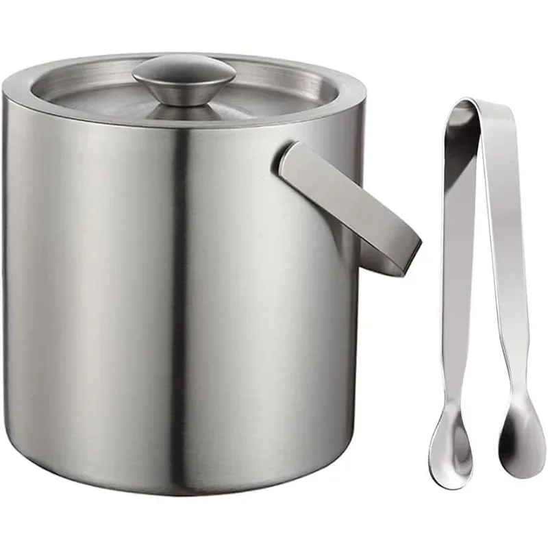 2.0L/3.0L Ice Bucket with Lid Strainer Tong Double Walled Stainless Steel Insulated Ice Bucket Container Cooler Bar Tools