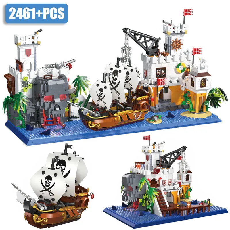 City Moc 2461Pcs The Pirate Bay Pirate Ship Mini Size Building Blocks Fai Da Te Micro Mattoni Pirate Nest Toys For Children Gifts